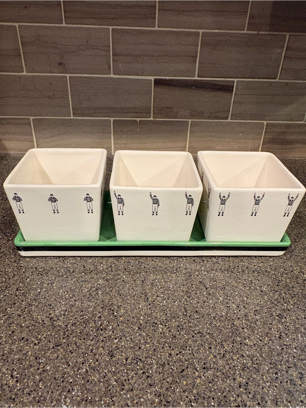 Vtg Hallmark football referee ceramic dip/crudite set with tray